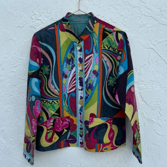 Anu Womens Quilted Stitched Vibrant Printed Jacket Multicolor Size Large - Picture 1 of 10